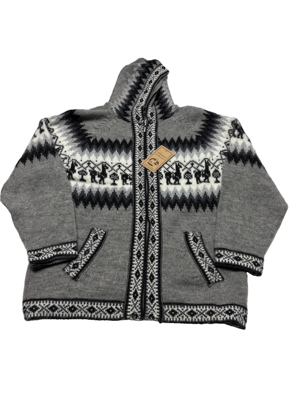 NWT ALPACA CONNECTION Sz S full zip hooded sweater Gray/Black  Made in Peru